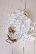Load image into Gallery viewer, Muslin Blanket with Lace Trim - Blue Bows