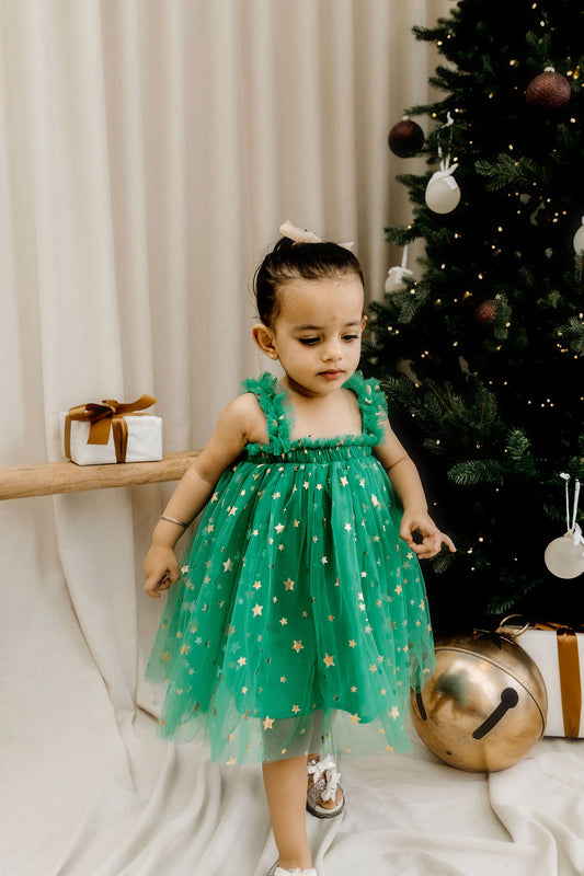 Classic Christmas Tulle Dress - Green Stars