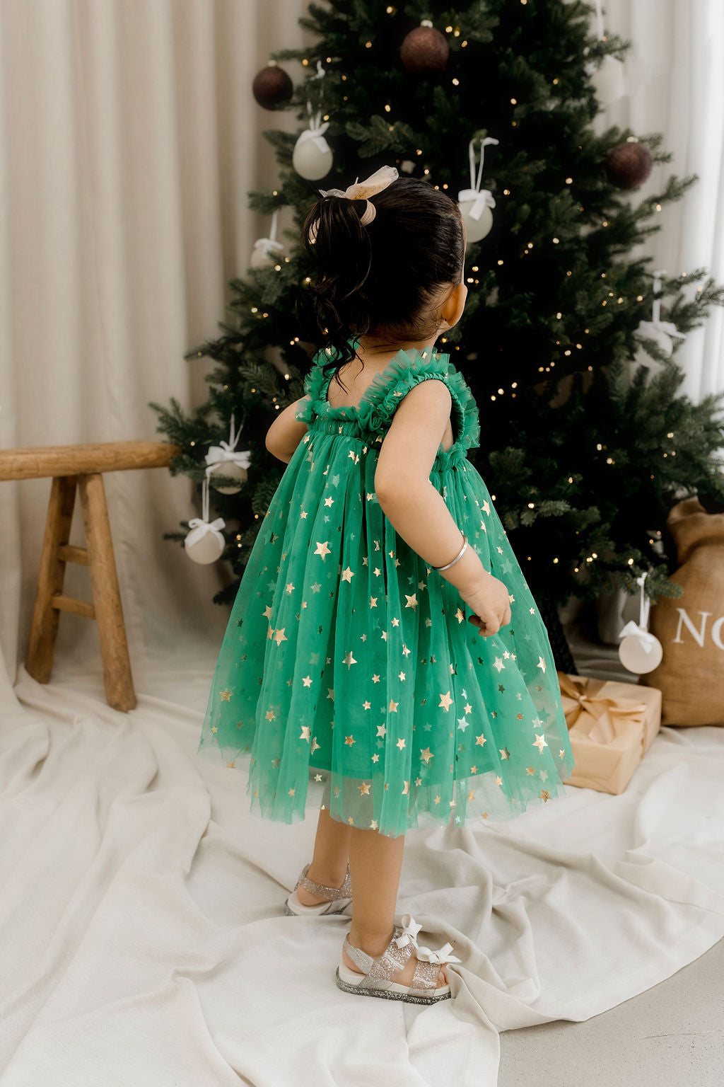 Classic Christmas Tulle Dress - Green Stars