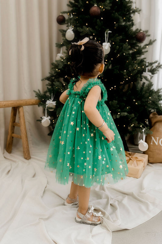 Classic Christmas Tulle Dress - Green Stars