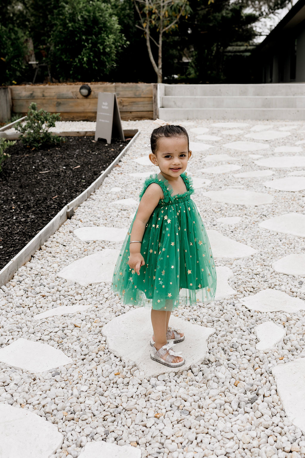 Classic Christmas Tulle Dress - Green Stars