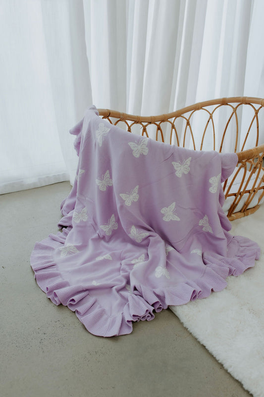 Reversible Knit Blanket | Lavender Butterflies