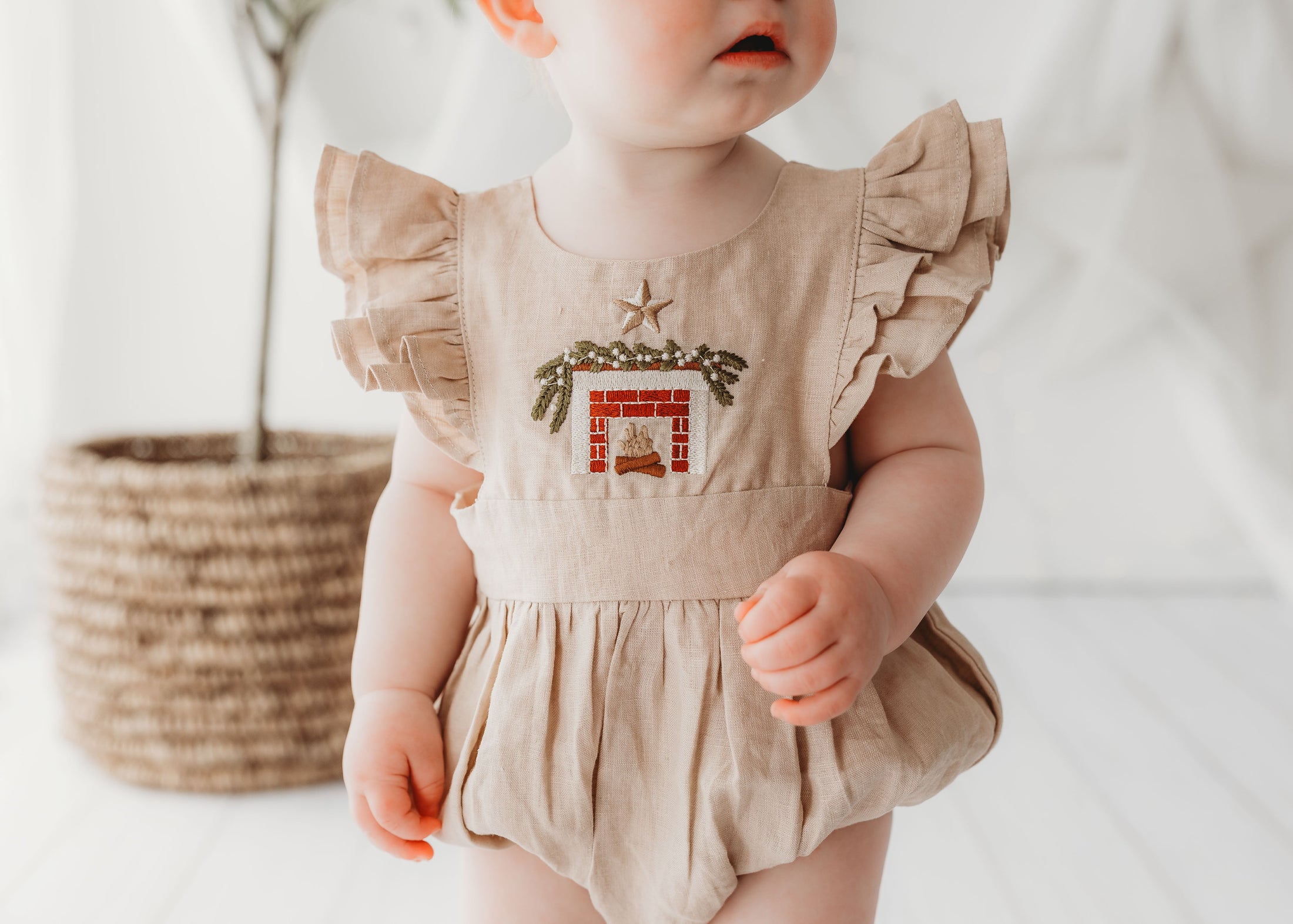 SIZE NB LEFT • Embroidered Oak Romper - Cosy Fireplace