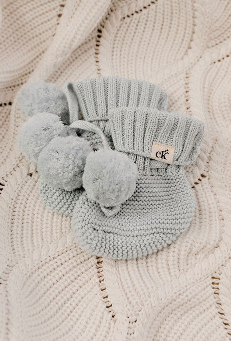 Knit Booties | Soft Blue Poms