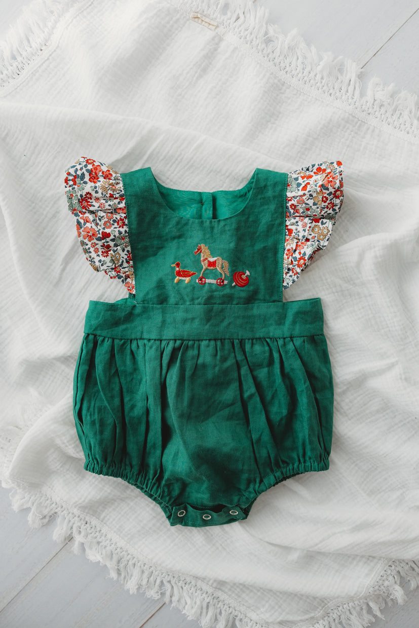 SIZE NB left • Embroidered Forest Green Romper - Vintage Toys