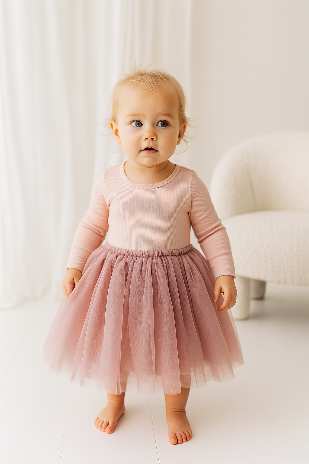 L/S Ribbed Tulle Dress - Dusty Pink