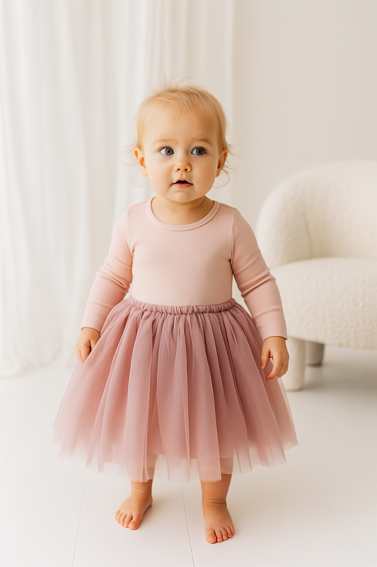 L/S Ribbed Tulle Dress - Dusty Pink