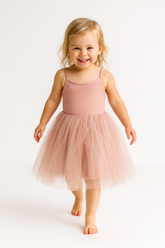 Ribbed Tulle Dress - Dusty Pink
