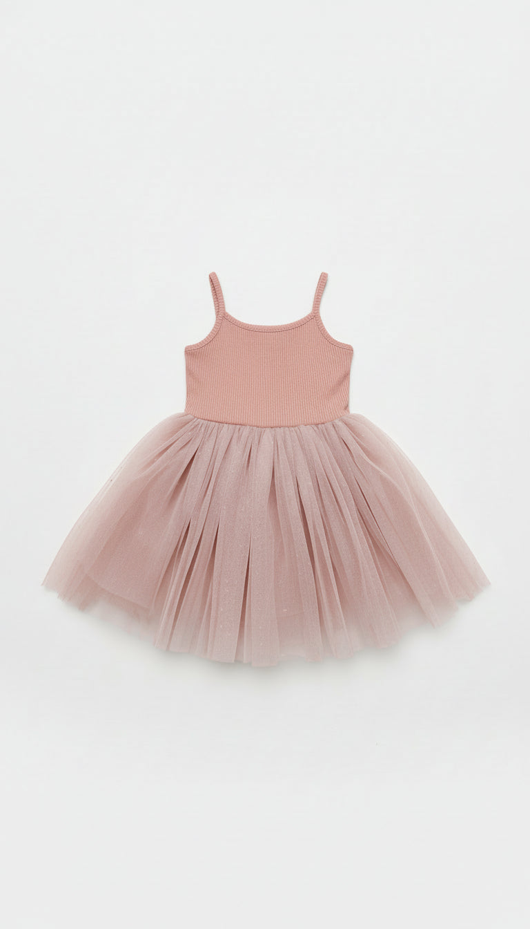 Ribbed Tulle Dress - Dusty Pink