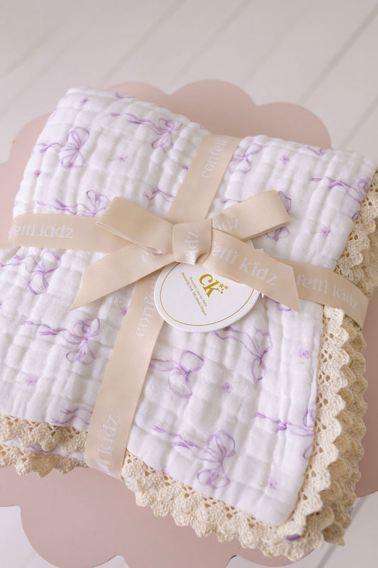 Muslin Blanket with Lace Trim - Lilac Bows
