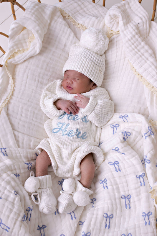 Muslin Blanket with Lace Trim - Blue Bows