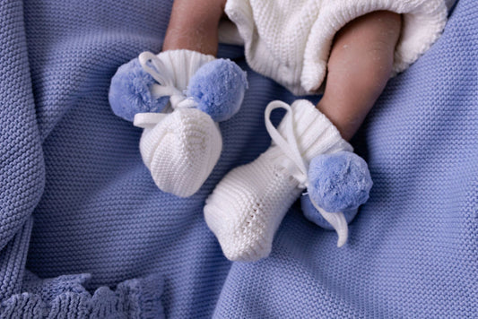Knitted Booties | Blue Poms