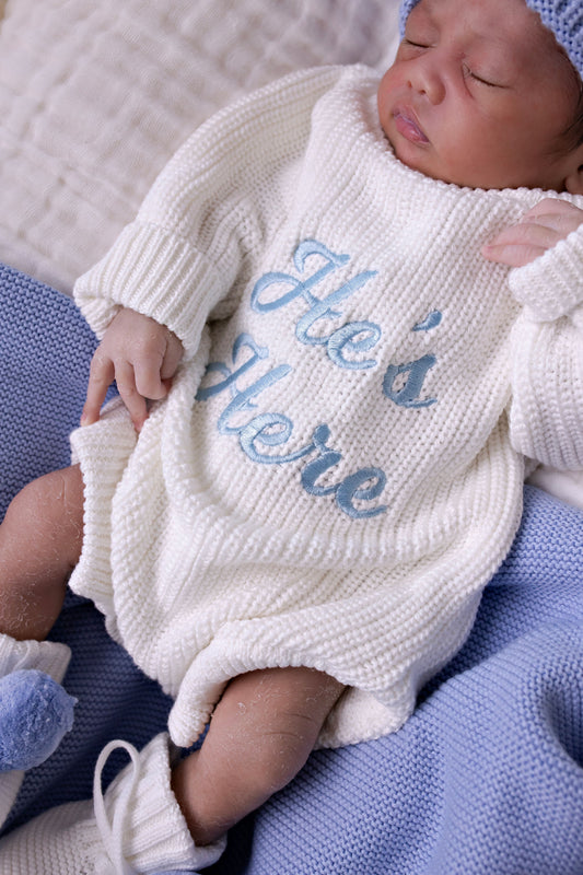 "He's Here" Chunky Knit Romper | Snow