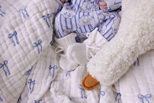 Muslin Blanket with Lace Trim - Blue Bows