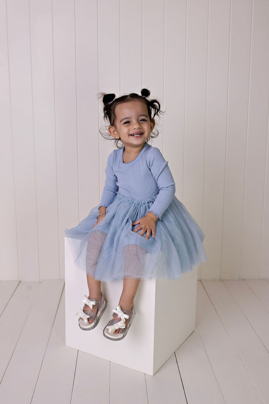 L/S Ribbed Tulle Dress - Dusty Blue