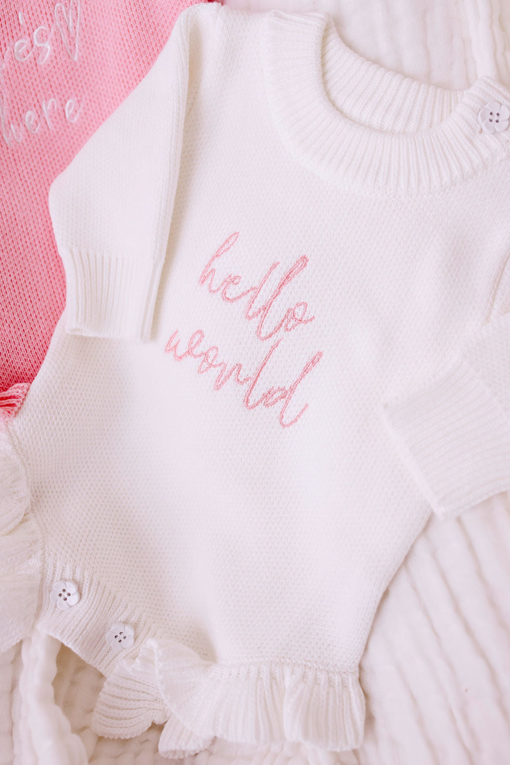 "Hello World" Knit Romper - Blush Font