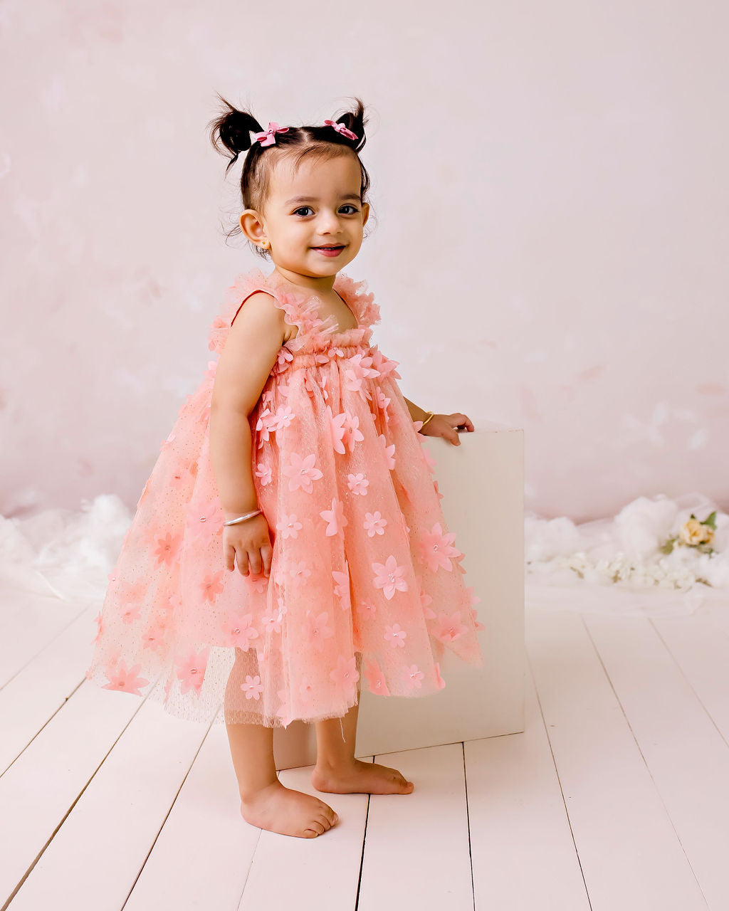 Floral Tulle Party Dress - Peach