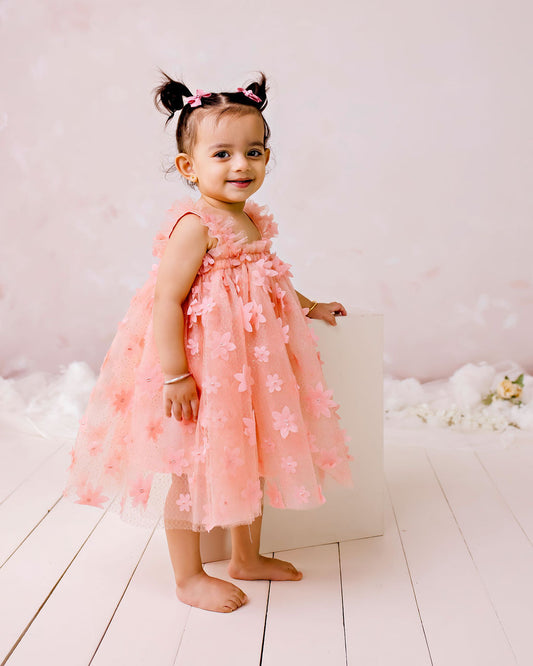 Floral Tulle Party Dress - Peach
