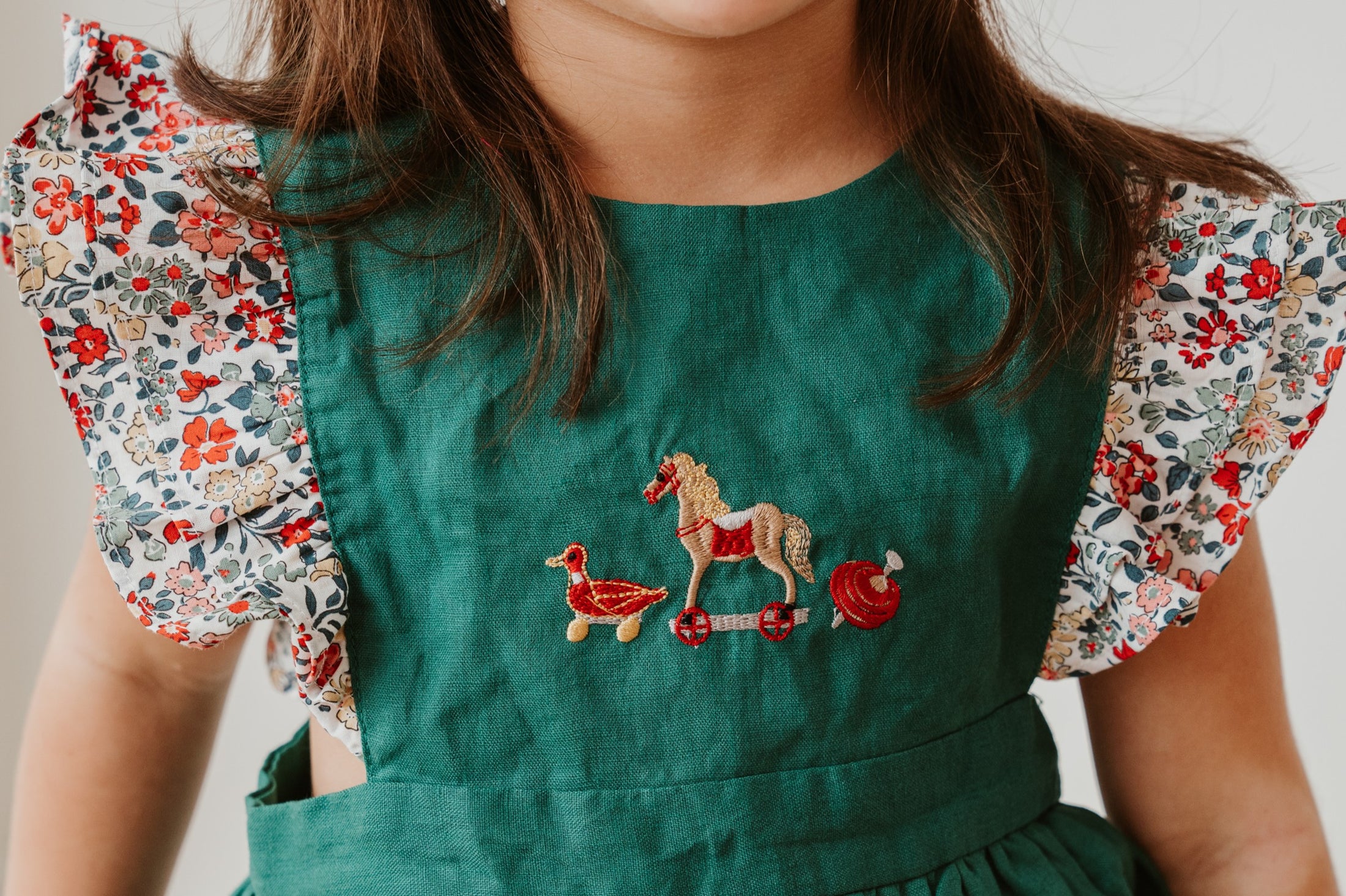 SIZE NB left • Embroidered Forest Green Romper - Vintage Toys