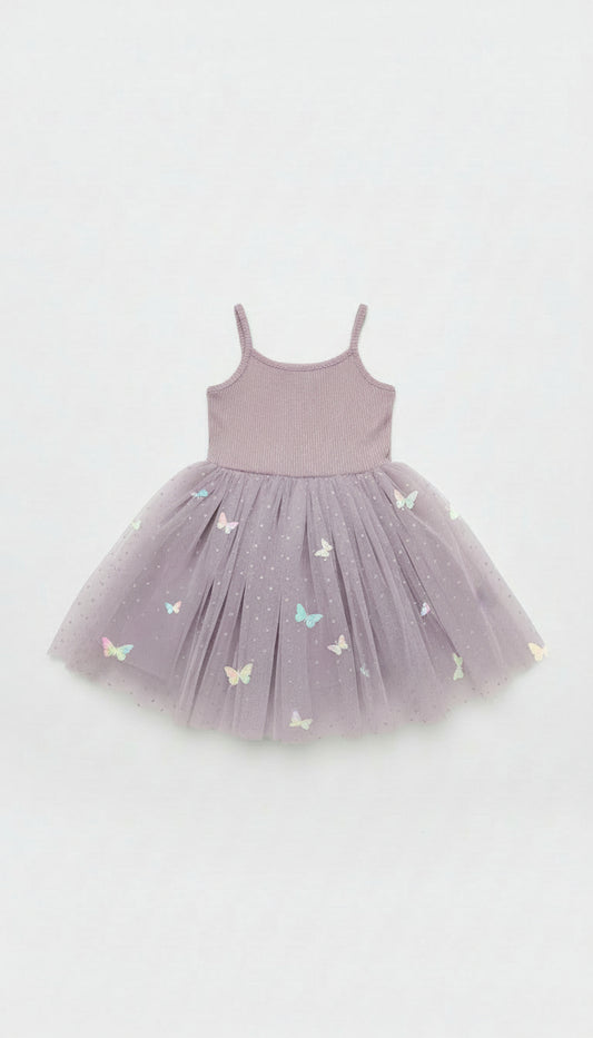 Ribbed Tulle Dress - Mauve Butterflies