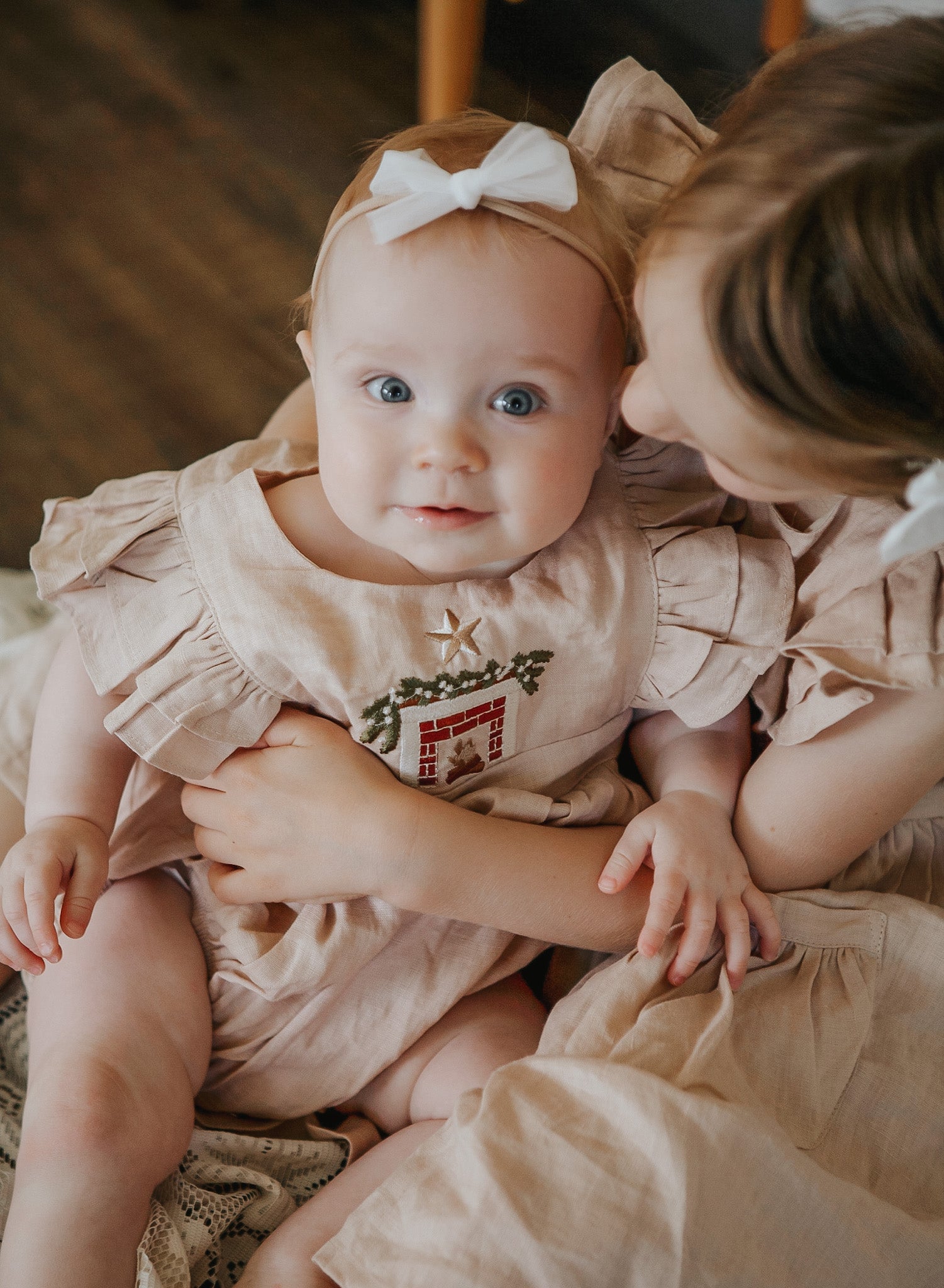 SIZE NB LEFT • Embroidered Oak Romper - Cosy Fireplace