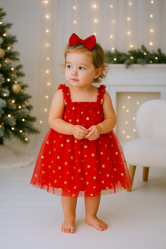Classic Christmas Tulle Dress - Red Stars