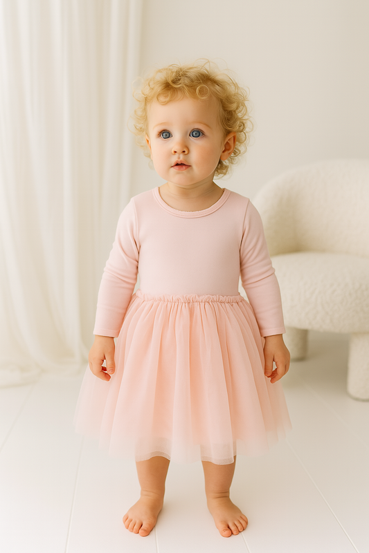 L/S Ribbed Tulle Dress - Soft Rose