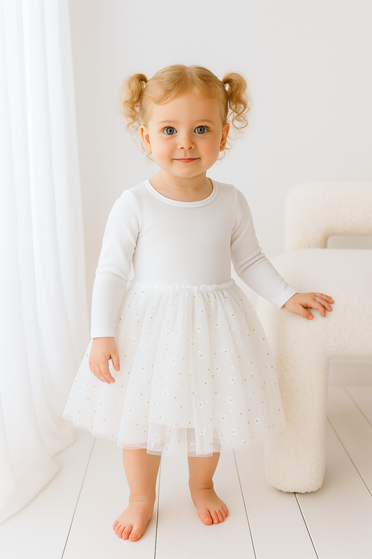 L/S Ribbed Tulle Dress - White Daisies
