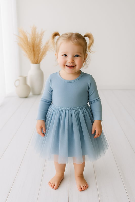 L/S Ribbed Tulle Dress - Dusty Blue