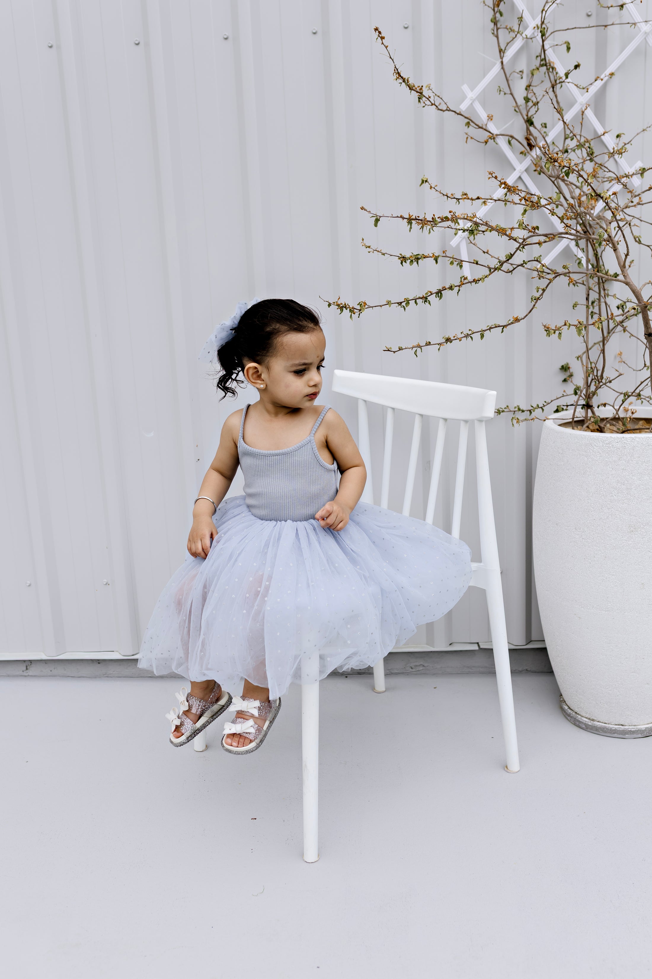 Ribbed Tulle Dress - Dusty Blue Dots